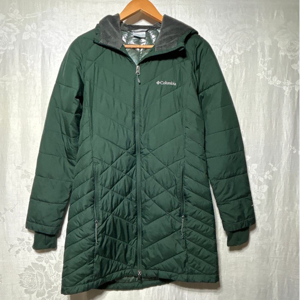 Columbia Heavenly Long Hooded Jacket Small Green Omni Heat Full Zip Quilted